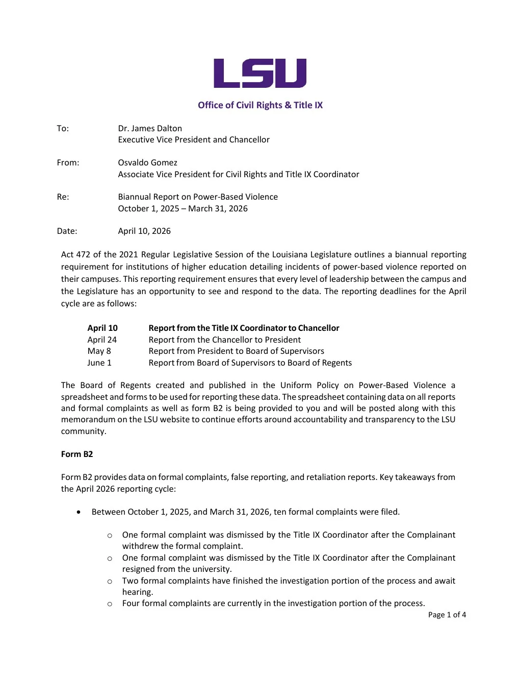 First page of LSU's April 2026 Biannual Report on Power-Based Violence