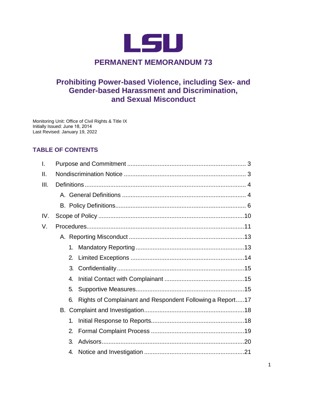 First page of LSU Permanent Memorandum 73